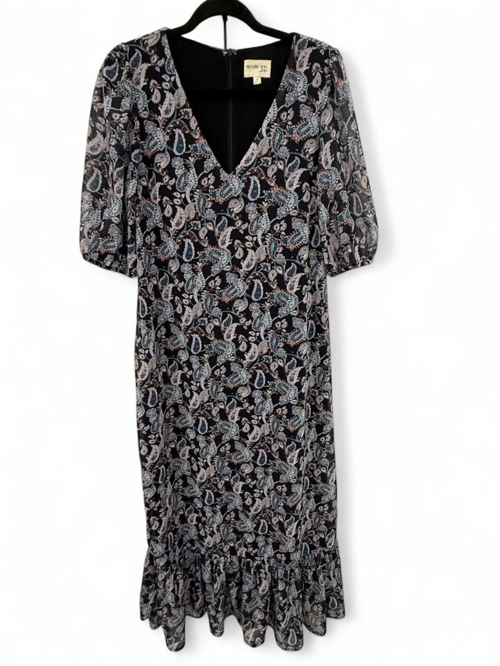 Paisley V-Neck Midi Dress in Black and Blue by Before You With Love